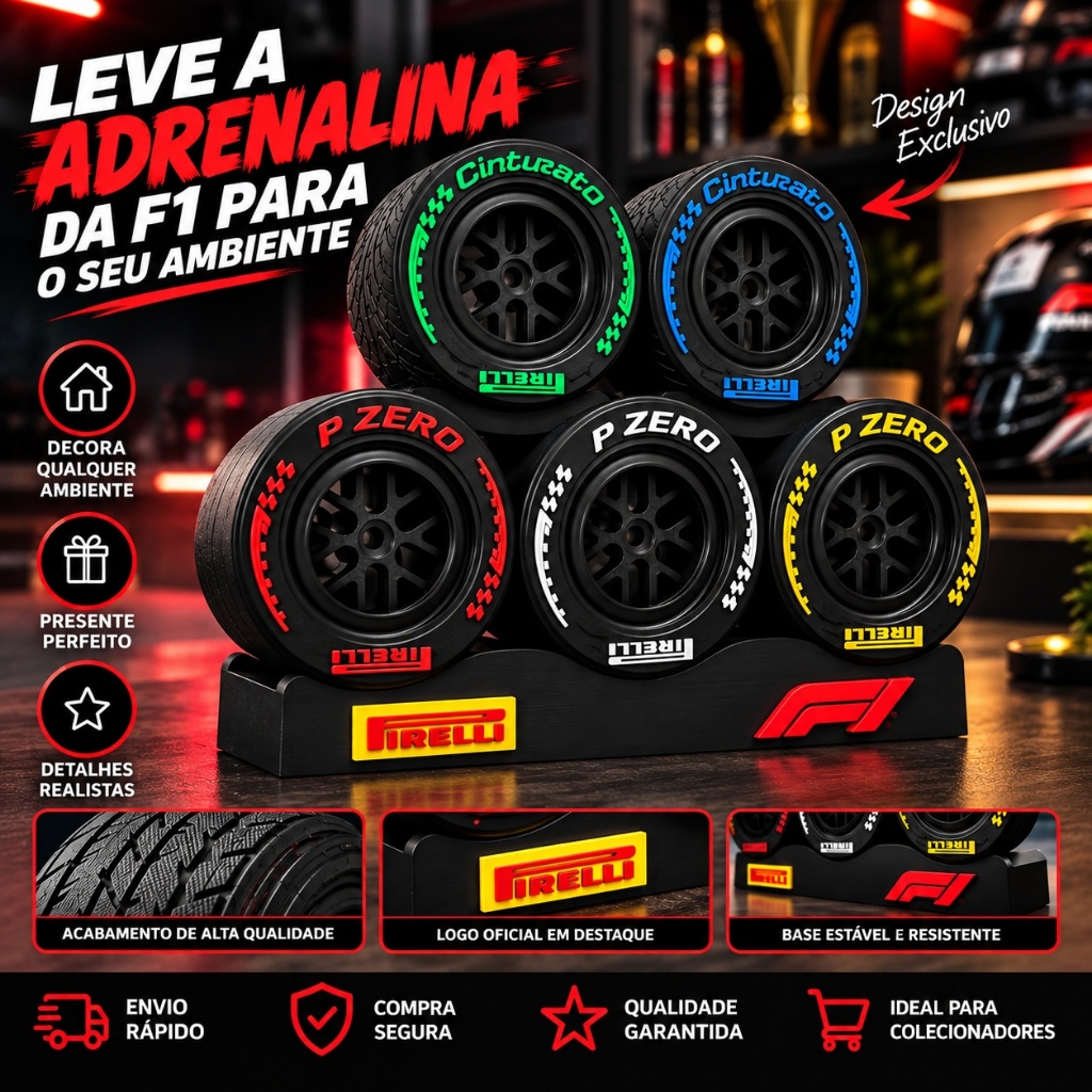 Kit Base Mini Pneus Fórmula 1 F1 Colecionável p/ Setup Gamer Mesa Escritório Quarto Decoração Automobilismo Presente