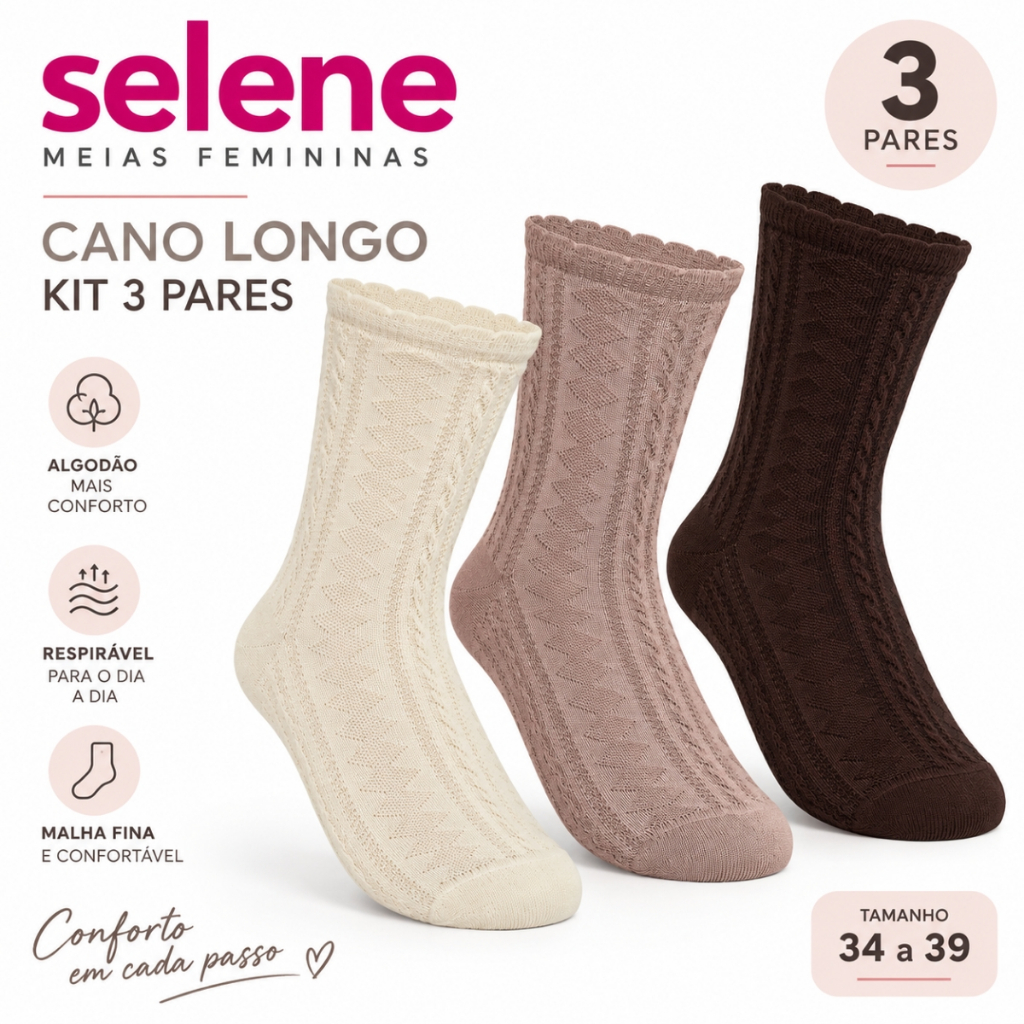 Kit 3 Pares Meia Cano Longo Feminina Ref 7000/7795 Selene