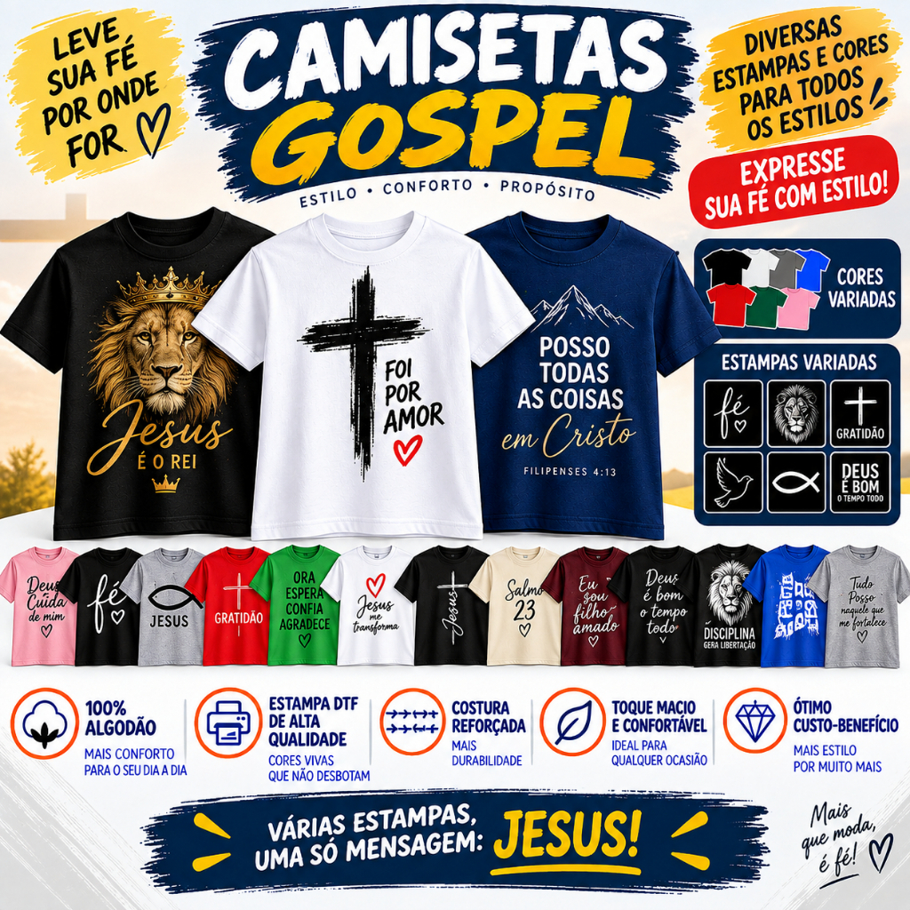 Kit 3 Camisetas Gospel Infantil Juvenil 100% Algodão Estampadas DTF Alta Qualidade Diversas Cores e Estampas