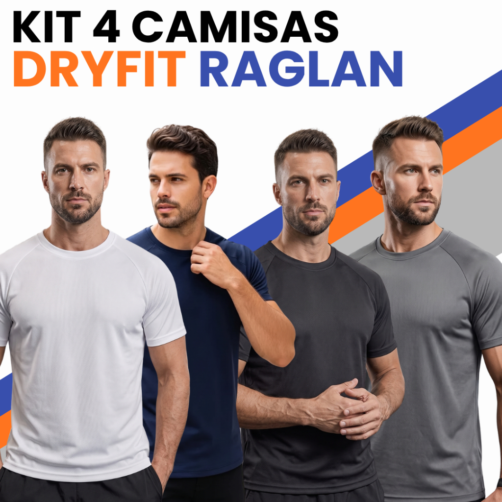 Kit 4 Camisetas Masculinas Dryfit Raglan Para Academia Treino Corrida Musculação Crossfit Slimfit