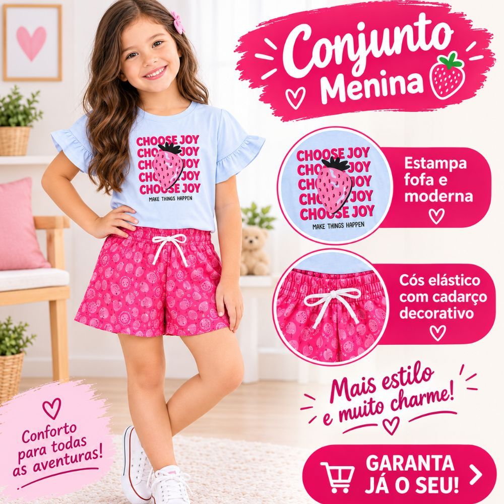 Conjunto Infantil Menina Verão Blusa Meia Malha Babado e  Shorts Confortável Estampado