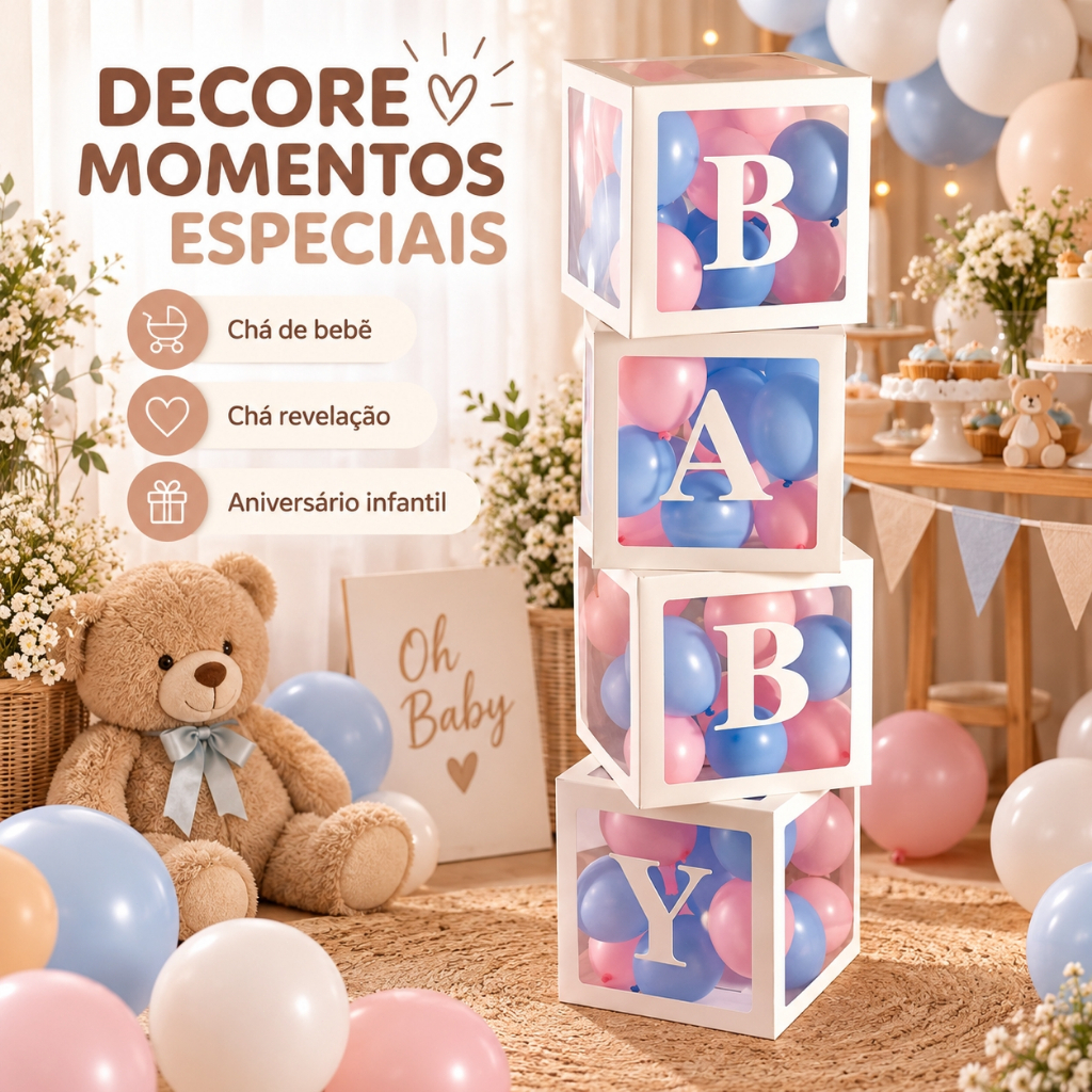 Kit 4 Cubos Decorativos Baby 30cm Pintados para Festa Chá de Bebê e Revelação Decoração Infantil
