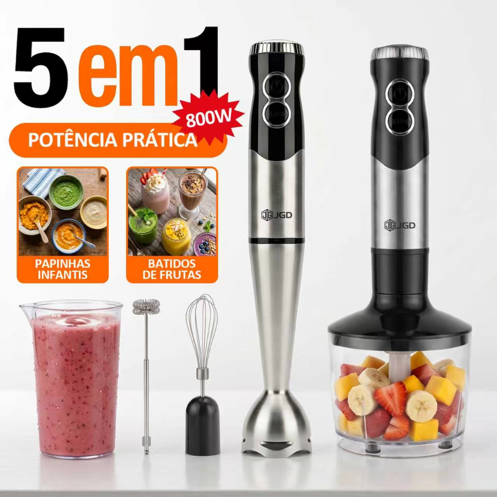 Coibeu Mixer 5em1 Inox 800W Liquidificador de Mão com Triturador Batedor Fouet e Espumador de Leite