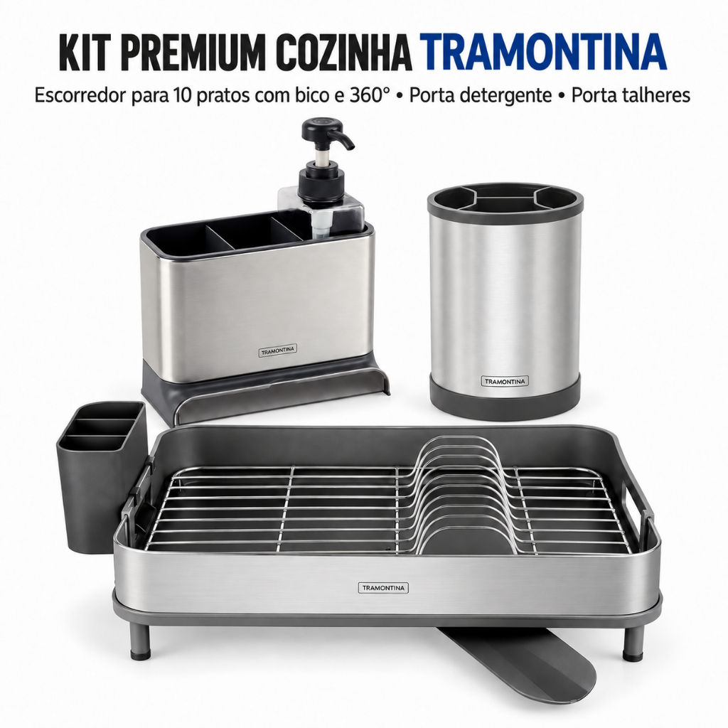 Kit 3 peças Plurale Premium Tramontina Grande Inox Organizador De Pia , Escorredor de Pratos e Porta Talheres