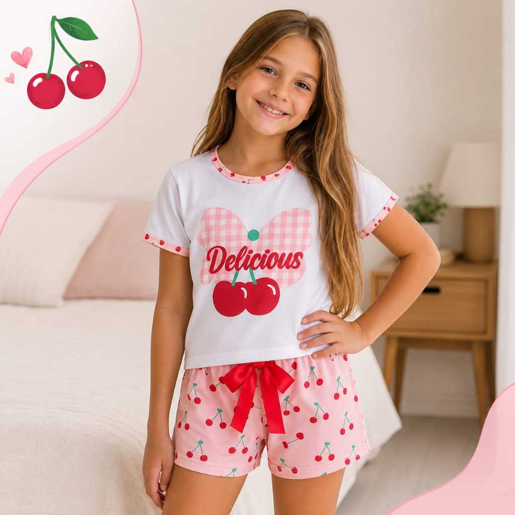 Pijama Feminino Infantil Cereja Roupa de Dormir Short Dool Verão Menina  Laçinho Baby Dool