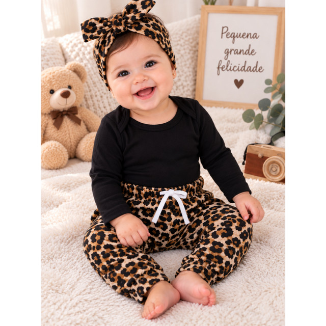 Conjunto Bebê Menina Frio Calça Fofa Body Longo Algodão Faixa de Cabelo roupinha conjuntinho onça