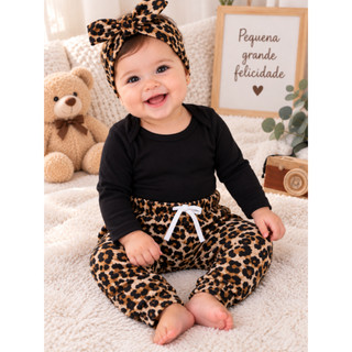 Conjunto Bebê Menina Frio Calça Fofa Body Longo Algodão Faixa de Cabelo roupinha conjuntinho onça