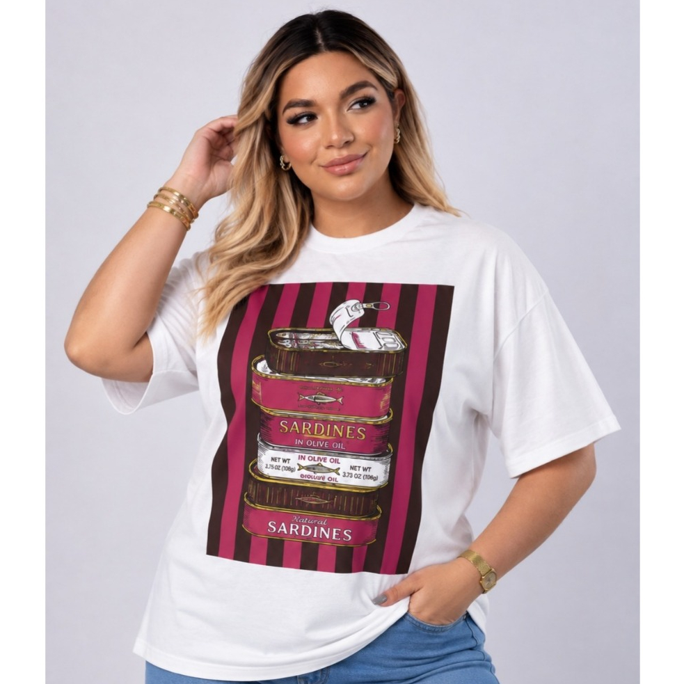Camiseta Feminina Max Sardines Oversized Estampada 100% Algodão Confortável Casual