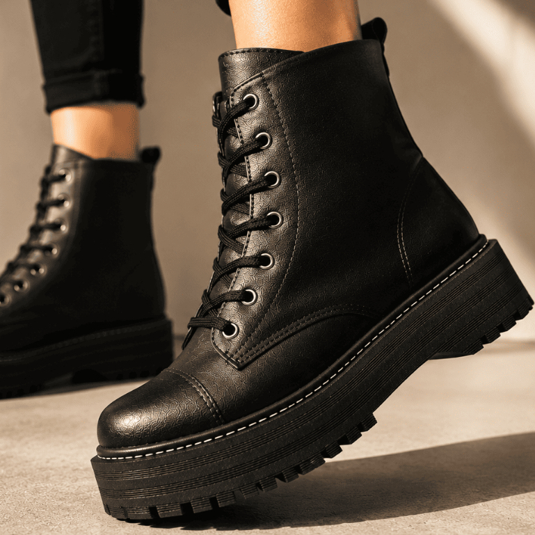 Coturno Feminino Bota Salto Tratorado Plataforma Cano Curto Preto Cadarço Couro Confortável Blogueira Antiderrapante