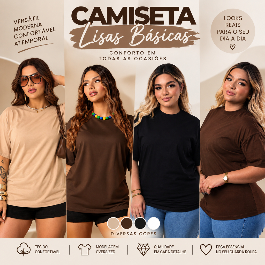 Camiseta Feminina Oversized Max Blusa Básica 100% Algodão Blusão Larga Confortável Moda Gringa