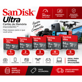 Cartão de Memória Micro SD 64GB Classe 10 A1 Alta Velocidade Kit 1 2 3 4 ou 5 Unidades