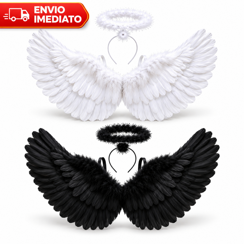 Kit Fantasia Asa Anjo e Tiara Fantasia Halloween Carnaval Festas Luxo Premium