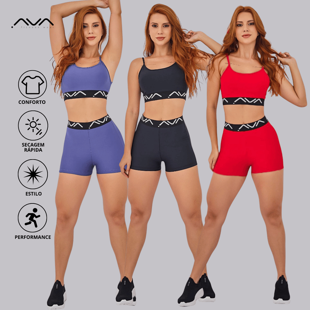 Conjunto Feminino Academia Suplex Poliamida Top e Short Com Elástico Personalizado AVA Fitness Power