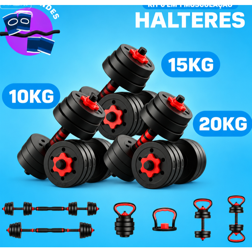 Kit de Treino Funcional 20 kg – Halteres, Barra, Supino e Kettlebell – Preto | Conjunto de Halteres e Anilhas Ajustáveis