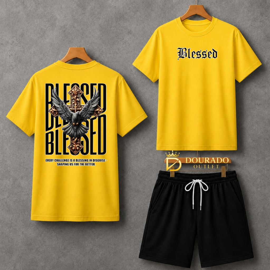 Conjunto Masculino Blessed Camiseta + Short Preto Tectel Confortavel