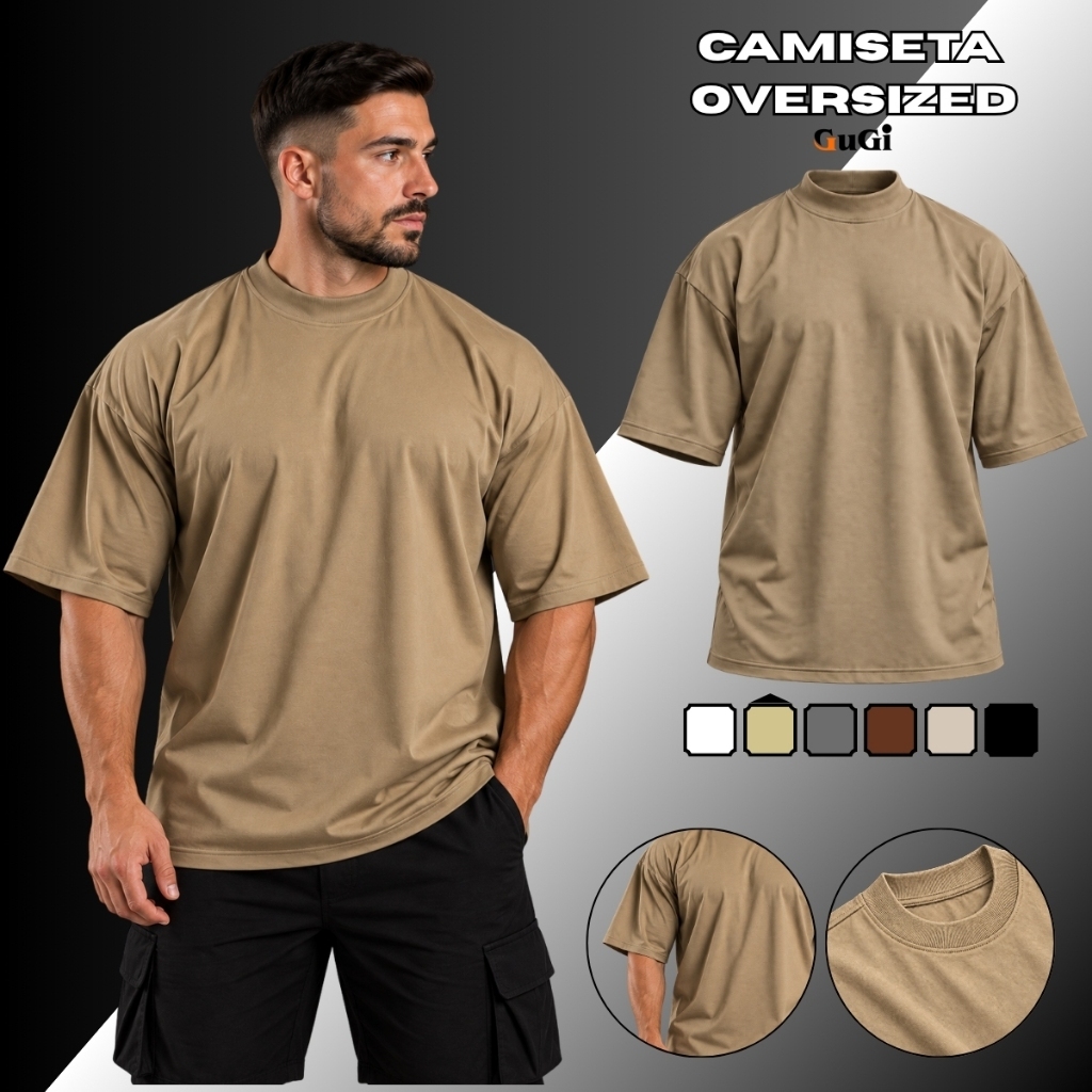 Camiseta Masculina Oversized Lisa Gola Alta 100% Algodão Streetwear Premium