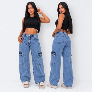 calça jeans feminina cargo cintura alta larga premium tendencia grafit levanta bumbum