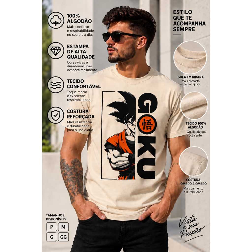 Camiseta Masculina Goku Anime Dragon Ball Estampada Geek Otaku Cinza Presente Fã de Anime