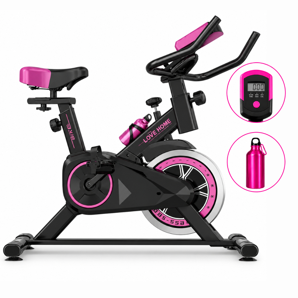 Bicicleta Ergométrica Spinning Fitness Ajustável Silenciosa Com Suporte Para Celular Até 120kg Rosa Vermelho Com Garrafa