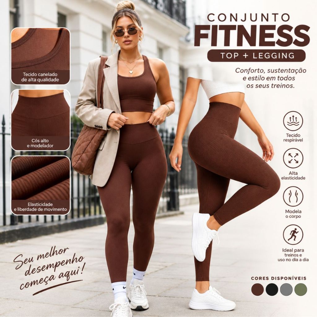 Conjunto kit Calça Legging Canelada Premium de Cintura Alta Sem Costura Academia Feminina Elástica e Fitness