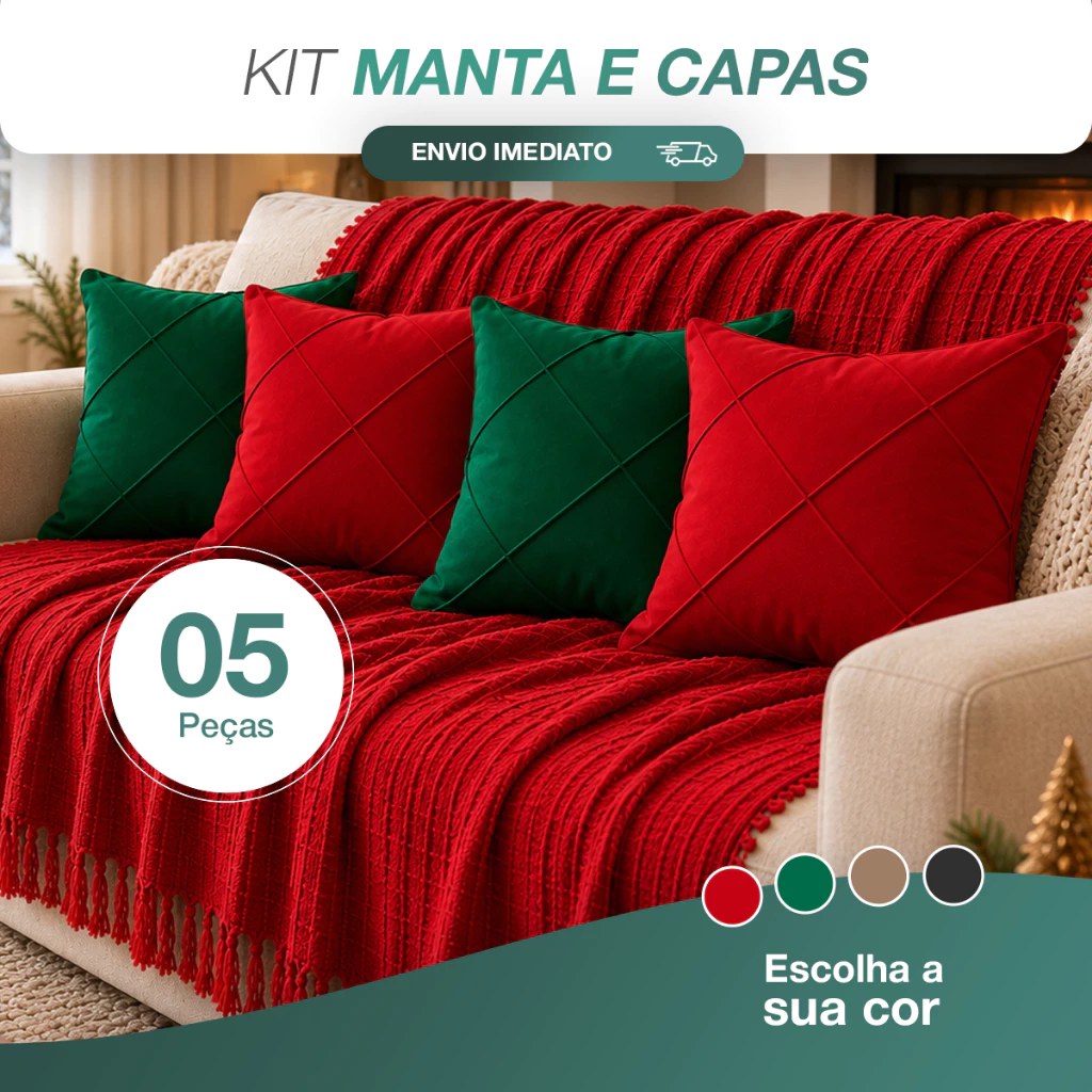 Kit Manta Decorativa P + 04 Capas de Almofada Suede Drapeada Decoração Natalina — imagem 1
