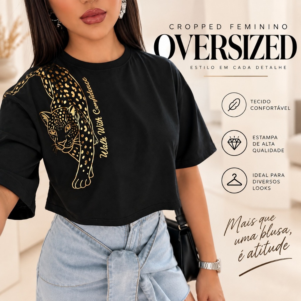 Cropped Oversized StreetWear Feminino Estampa Onça Foil Animal Print Tecido 100% Algodão