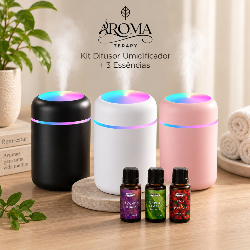 Umidificador de Ar Difusor Aromatizador Aromaterapy Ultrassônico LED USB Portátil Branco Rosa Cinza