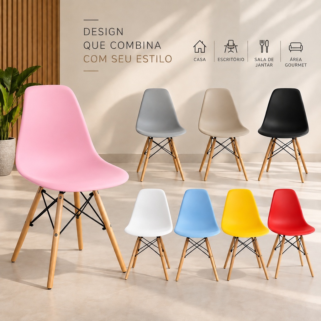 Cadeira Eiffel DKR 1, 2 e 3 Escritorio Escrivaninha Casa Pés de Madeira Várias Cores