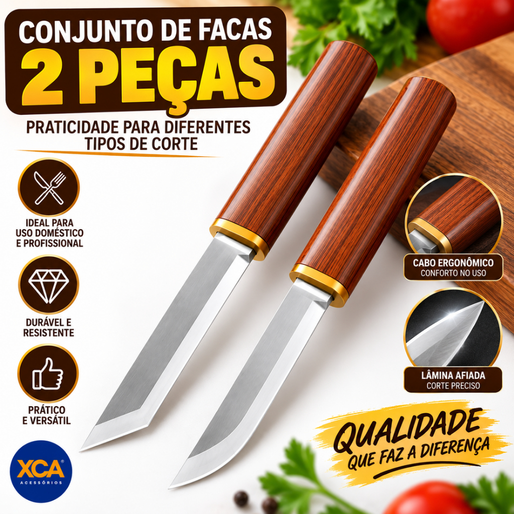 Faca de Cozinha Aço Inox Cabo Amadeirado 2 Peças para Carne Churrasco Frutas e Legumes