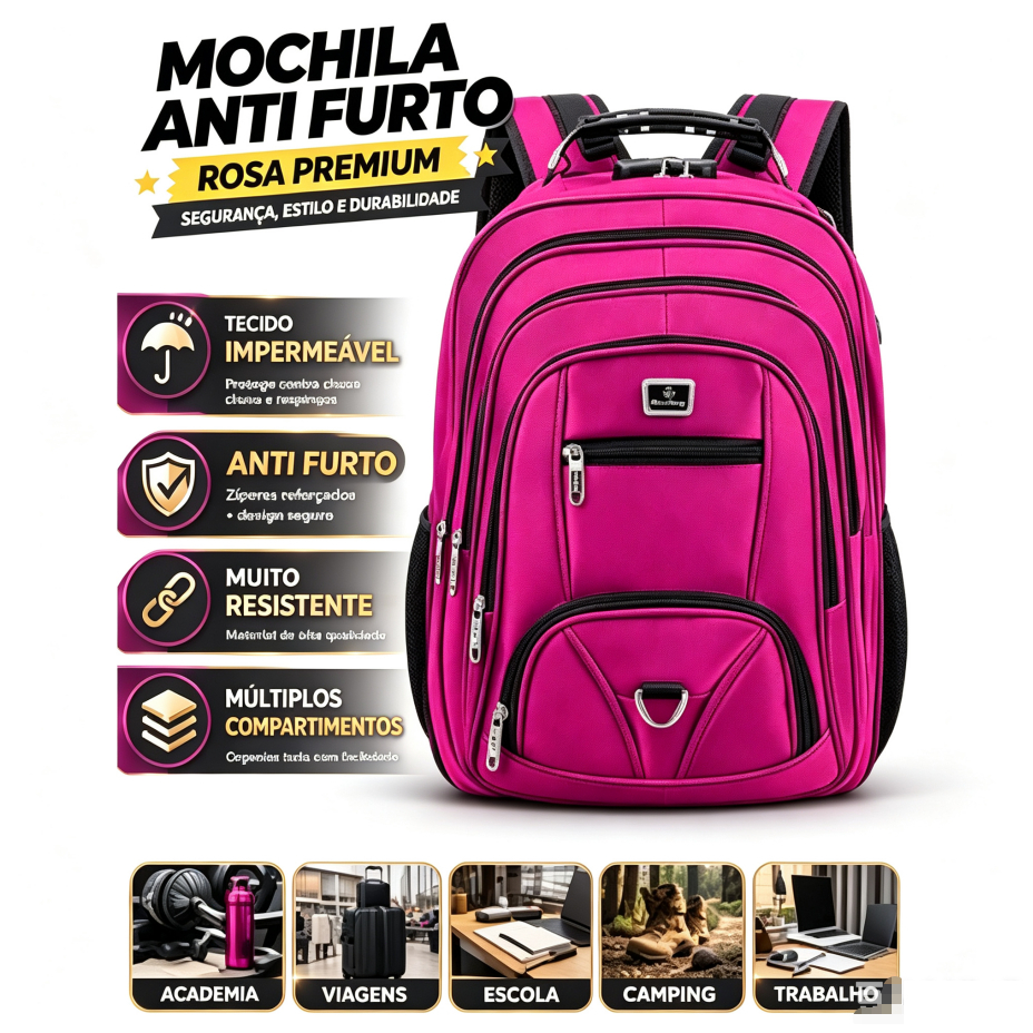 Mochila Anti Furto Feminina-Masculina  Impermeável Com Cadeado Grande Reforçada Faculdade Trabalho