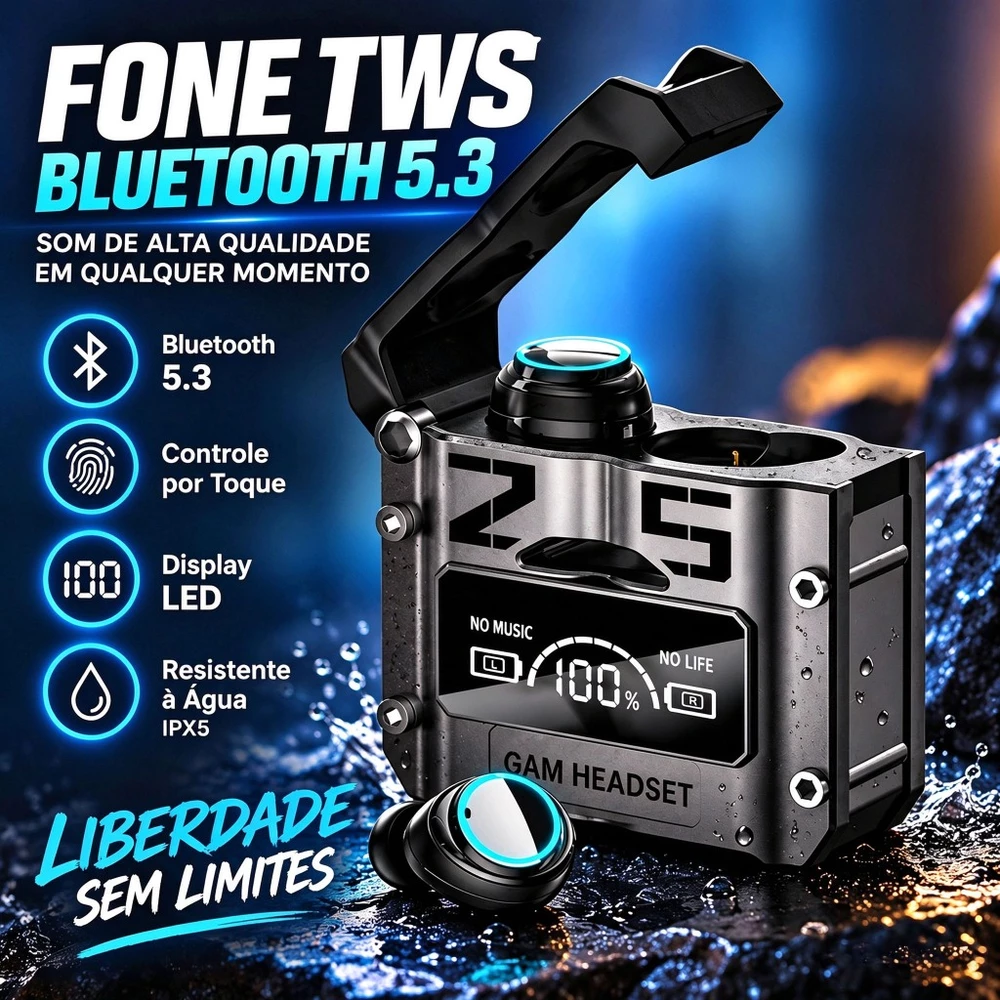 Fone Bluetooth TWS V5.3 Sem Fio Power Bank Display LED Microfone Original Esportivo