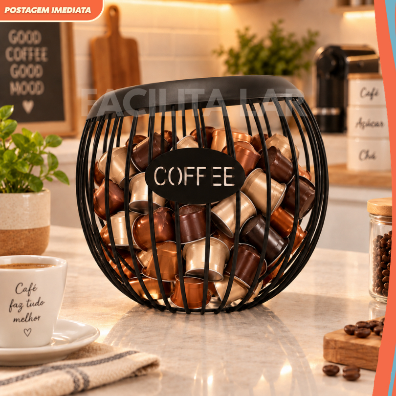 Porta Cápsulas de Café em Ferro Organizador Decorativo Cafeteira Cozinha Cantinho do Café 20,5cm Preto Bege Cinza