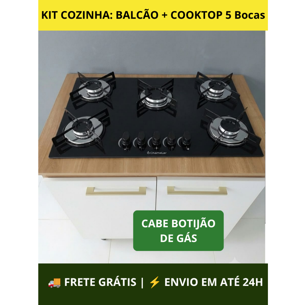 Kit Cozinha Fogão Cooktop + Balcão de Madeira Chamalar 5 Bocas Acendimento Automático Eletrico Bivolt