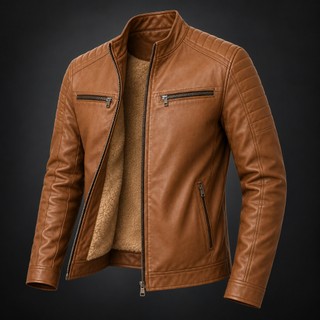Jaqueta Masculina Slim  Estilo Couro com Forro, Gola Alta e Bolsos com Zíper
