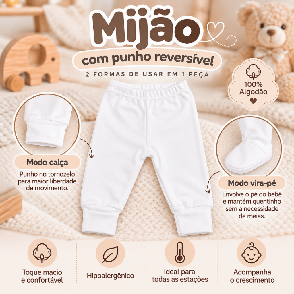 Calça Mijão Bebê Suedine Premium 100% Algodão Com Pé Reversível Antialérgico Vira-Pé Enxoval