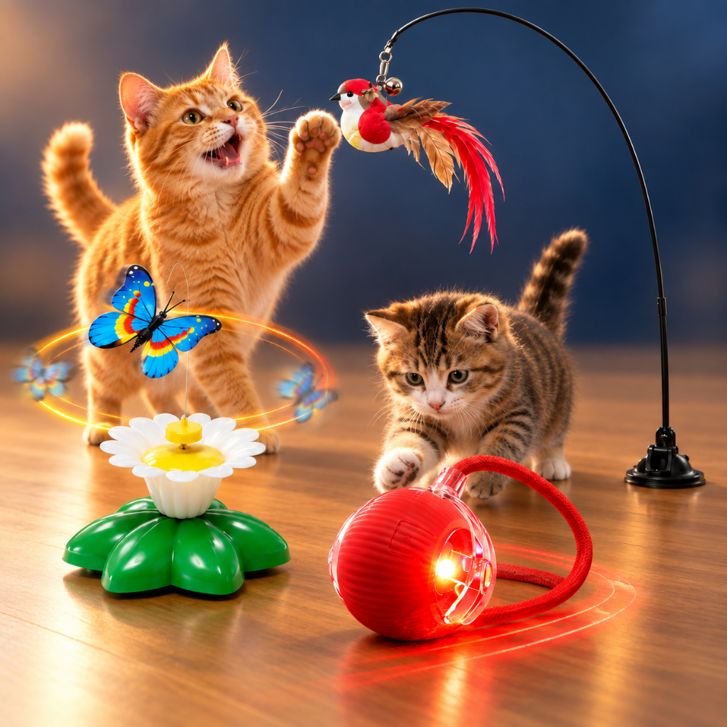 Kit Brinquedos Interativos para Gatos Bolinha Automática + Borboleta Giratória + Varinha com Ventosa Pássaro