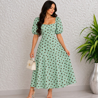 Vestido Max Midi Poá Elegante Crepe Acinturado Manga Curta Bufante Confortável Moda Evangélica Casual ES-VES-127
