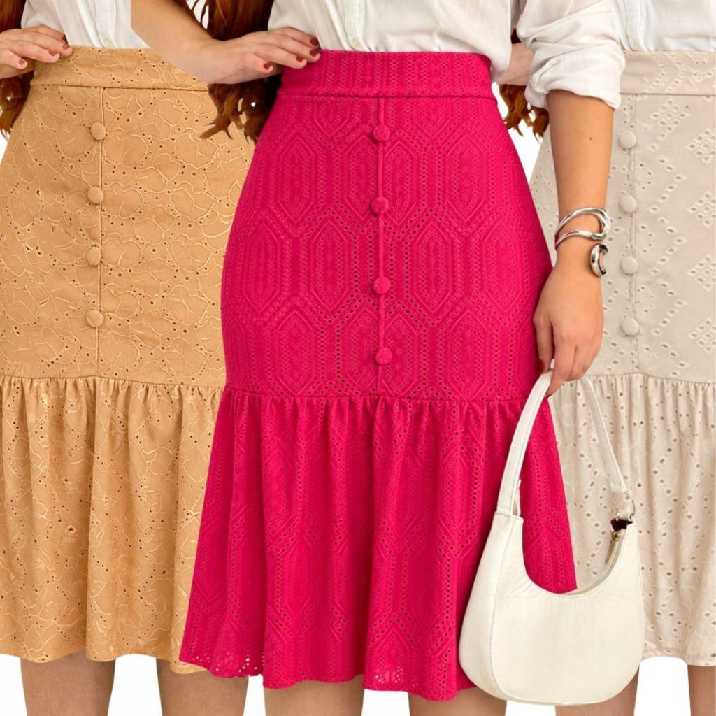 Saia Feminina Midi em Laise com Botões Frontais Forrada Casual Elegante
