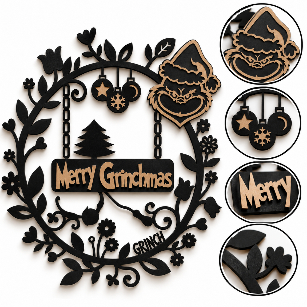 Guirlanda Feliz Natal Grinch Casa Lar Recepção Decoração Natal MDF 3mm Preto Fosco