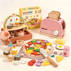 Conjunto de Cozinha de brinquedos Madeira Educativo Infantil,Pizza,Chá da tarde Kit Simulação Faz de Conta