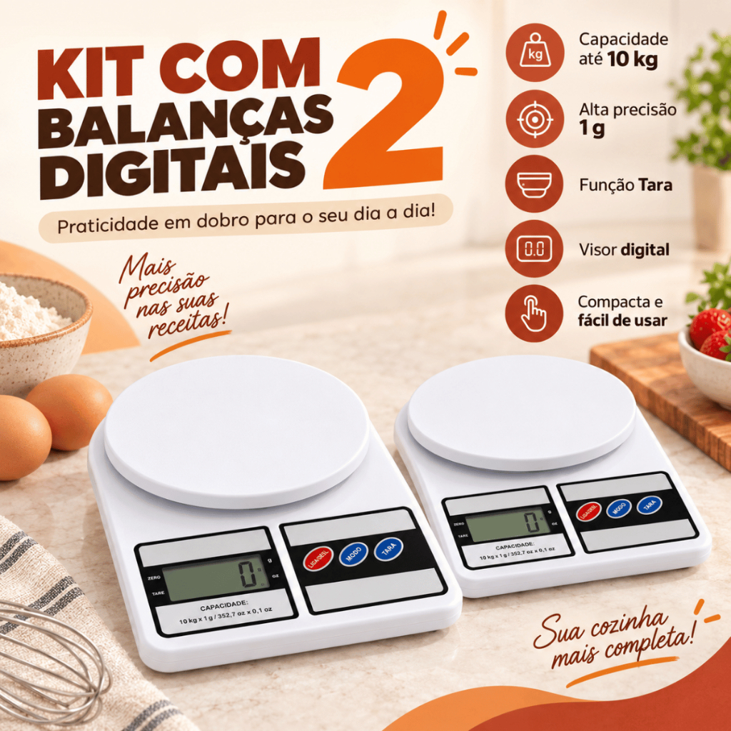 Kit Balança Digital Cozinha Até 10kg Alta Precisão Função Tara Alimentos Receitas Confeitaria Oferta