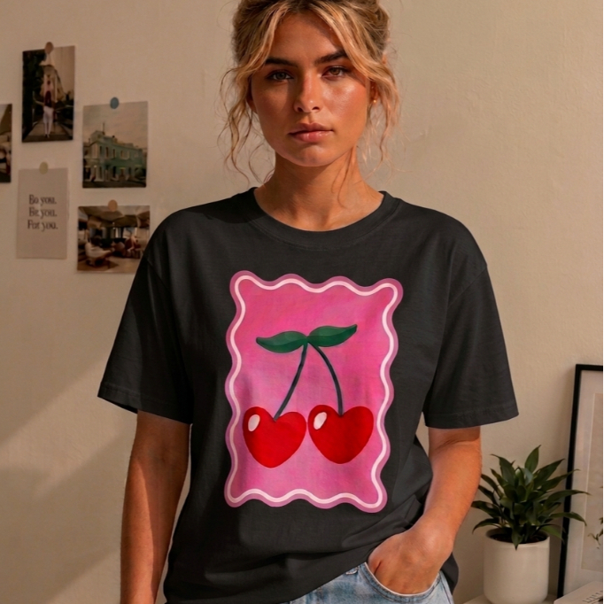 T-Shirt Feminina Algodão Estampa Cereja Vintage Estilo Retro Camiseta Casual Confortável Moda Tendência Verão