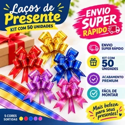 Kit 50 Laços Fácil Mágico com Fio Dourado P M G Cores Sortidas para Presentes Embalagens e Decoração