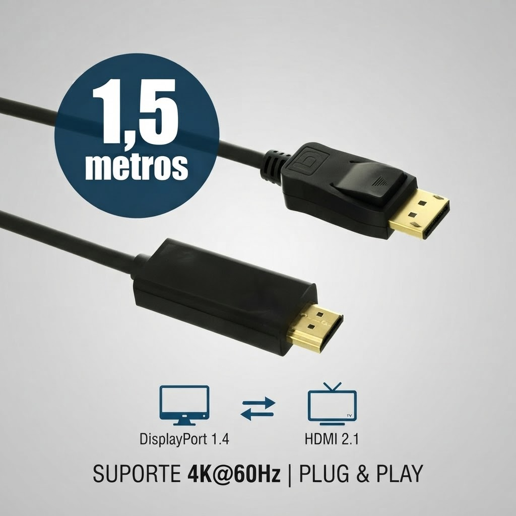 Cabo DisplayPort para HDMI 1.5M 4K 60Hz, DP para HDMI Macho para PC, Monitor, TV e Projetor