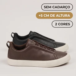 Tênis Masculino Slip On Sem Cadarço Salto Interno 5cm Casual Couro Sintético Preto e Marrom HAAG