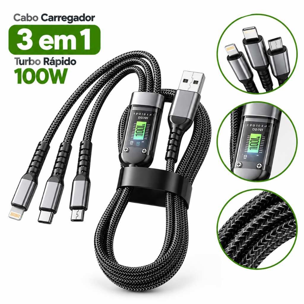 Cabo Carregador 3 em 1 Turbo Rápido 100W Nylon iPhone Android Tipo C Inova