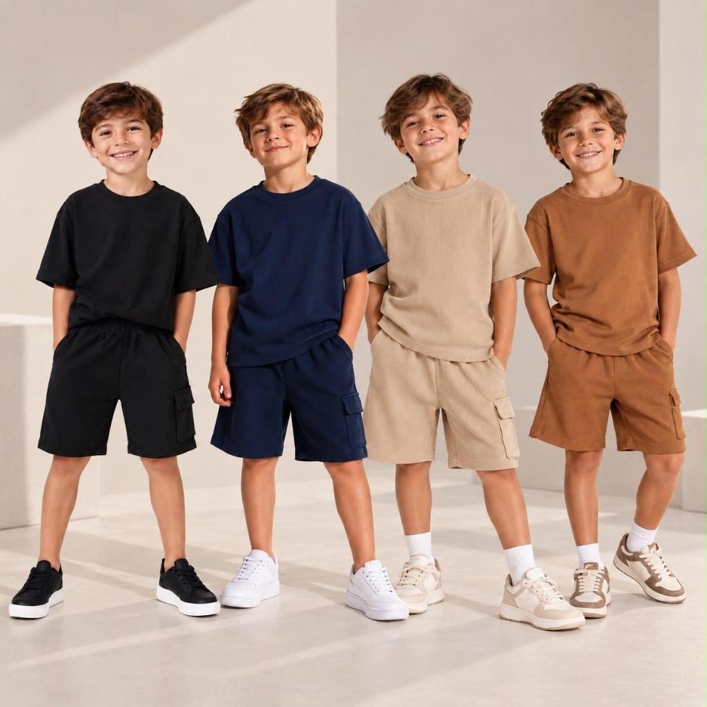 Conjunto Infantil Menino Camiseta e Bermuda em Ribana Canelada Premium Confortável e Estiloso Oversized