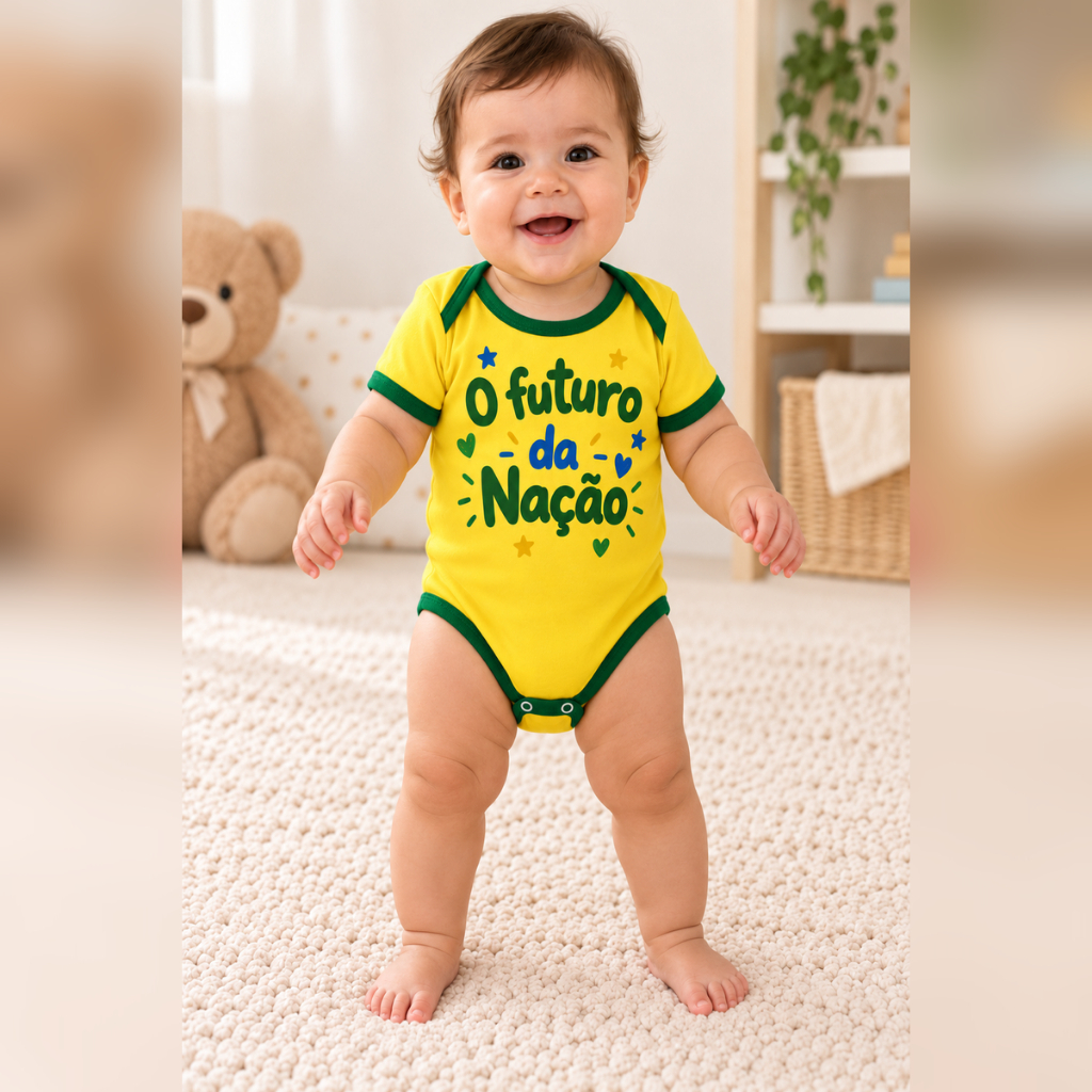 Body Bebê - Bandeira do Brasil - 100% algodão - Manga Curta