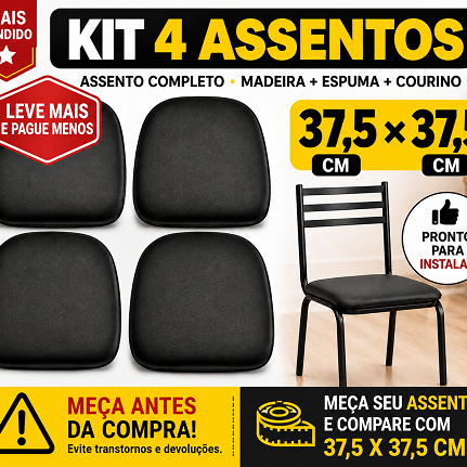 KIT 4 Assentos Retos Almofadados 37,5 x 37,5