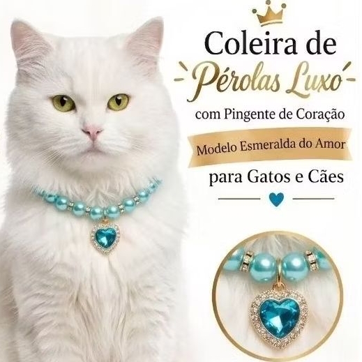 Coleira Luxo de Pérolas com Pingente de Coração para Cachorro e Gato - Ajustável